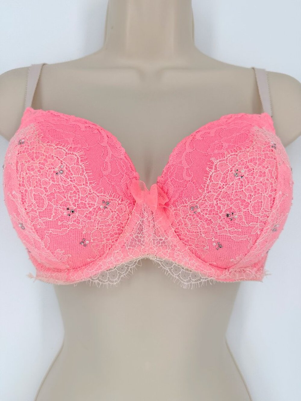 Victoria's Secret Neon Coral Lace Push-Up Bra with Crystal Accents 34DD